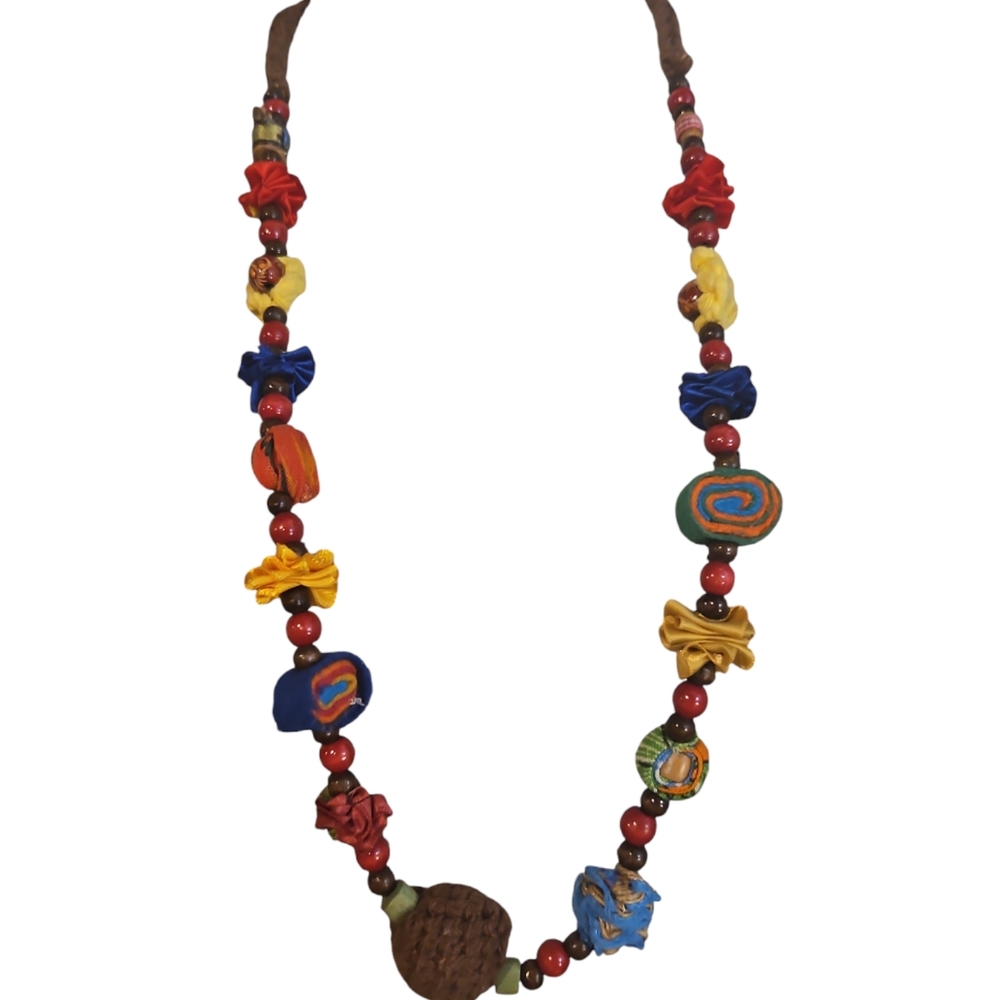 Long Colorful Textile Beads Necklace - Picture 4 of 4